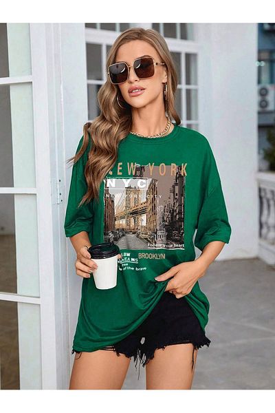 Mythologie Μπλουζάκι New York Follow - Nefti Green Printed Oversize Crew Neck με κοντό μανίκι