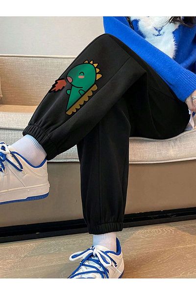 Mythologie Dinosaur Leg Printed Sweatpants Jogger - Μαύρο λαστιχένιο πόδι ψηλόμεσο χειμώνα