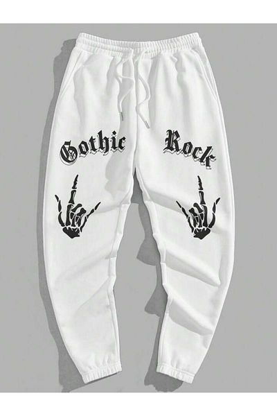 Mythologie Gothic Rock Hand Sweatpants Jogger - Λευκό εμπριμέ λαστιχένιο πόδι ψηλόμεσο χειμώνα