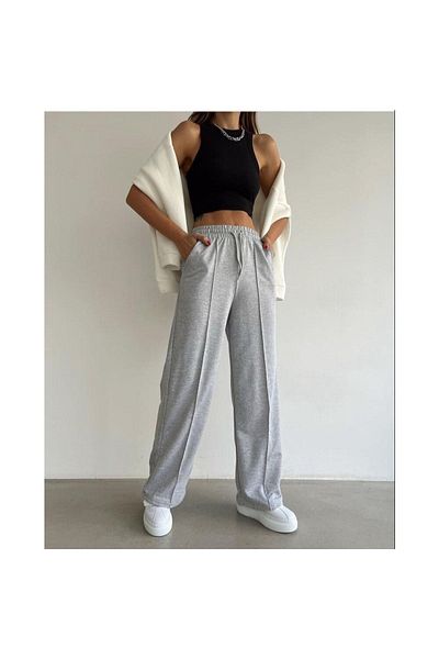 CNG MODA Women's Black Striped 2 Thread Wide Leg Sweatpants