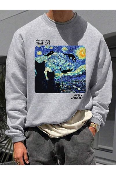 MODARİCH Φούτερ Cat Night Design - Γκρι εμπριμέ Oversize Ribbed Crew Neck