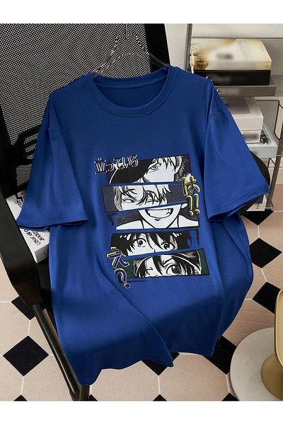 Mythologie Μπλουζάκι Anime Characters - Sax Blue Printed Oversize Crew Neck με κοντό μανίκι