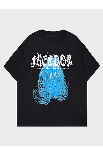 Mythologie Μπλουζάκι Freedom - Μαύρο, εμπριμέ, Oversize, Crew Neck, Κοντό μανίκι