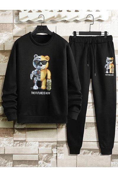 MODARİCH The Future Is Now Black Jogger Black Sweatshirt Bottom Top Tracksuit Set Oversize Crew Neck