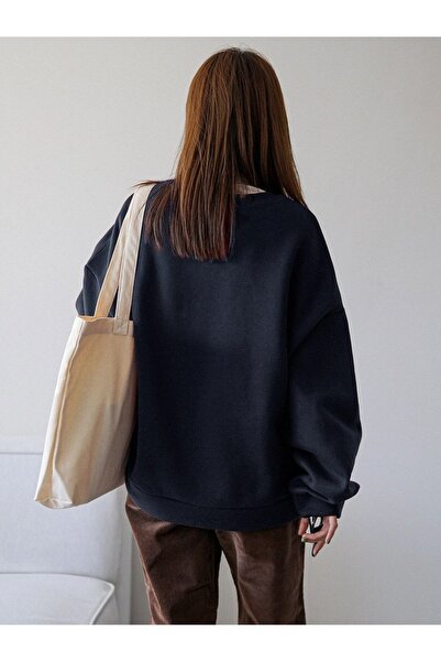 MODARİCH Vacition Sweatshirt - Lacivert Baskılı Oversize Şardonlu Bisiklet Yaka