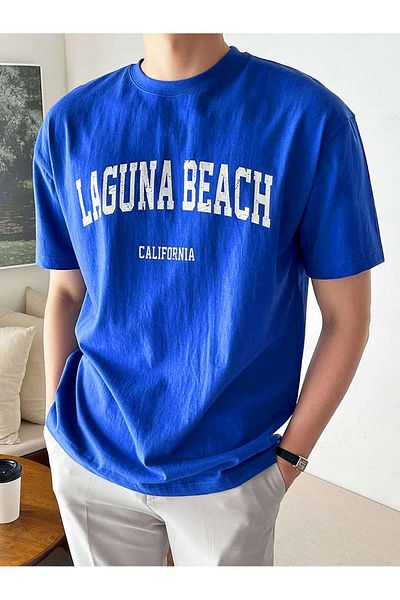 Mythologie Μπλουζάκι Laguna Beach - Sax Blue Printed Oversize Crew Neck με κοντό μανίκι