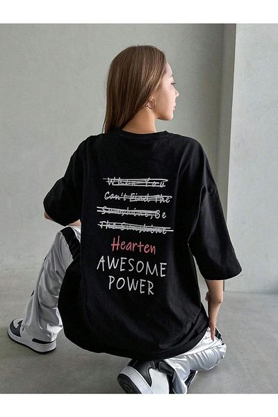 Mythologie Μπλουζάκι Hearten - Μαύρο, εμπριμέ, Oversize, Crew Neck, Κοντό μανίκι
