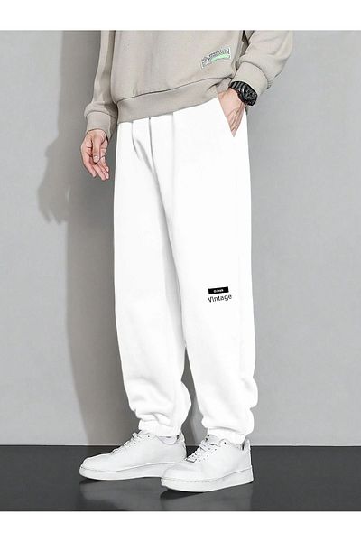 Mythologie High Waist White Printed Clever Vintage Jogger Sweatpants - Rubber Leg Winter