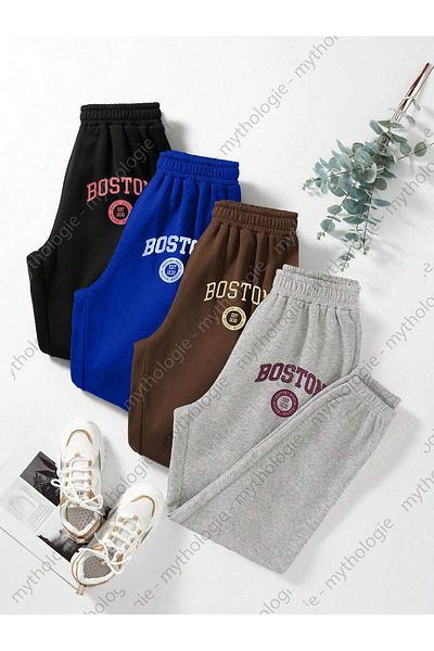 Mythologie Συσκευασία 4 Boston Printed Jogger Sweatpants - Μαύρο Sax Μπλε Καφέ Γκρι ελαστικό πόδι ψηλή μέση