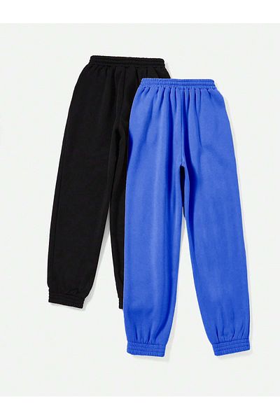 Mythologie 2-pack Basic Plain Jogger Sweatpants - Μαύρο και Saks Μπλε Λαστιχένιο Πόδι Ψηλόμεσο Καλοκαίρι