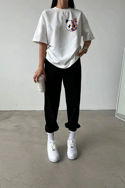 Mythologie Panda Logo T-shirt Sweatpants Jogger - Λευκό μαύρο εμπριμέ σετ φόρμας Oversize Crew Neck