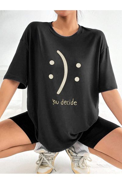 Mythologie Μπλουζάκι Decide Smile - Μαύρο εμπριμέ κοντό μανίκι με λαιμόκοψη