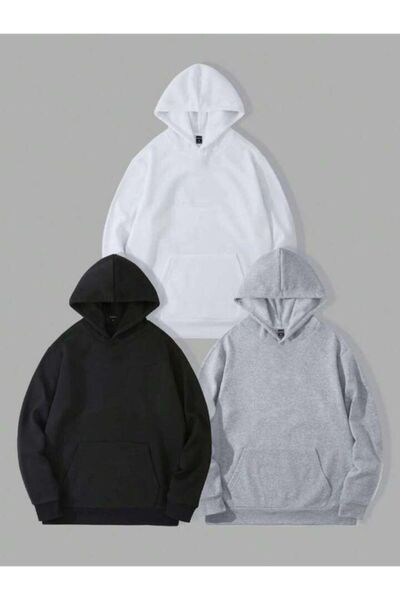 MODARİCH 3'Lü Basic Düz Sweatshirt - Siyah Gri Beyaz Oversize Şardonlu Kapüşonlu