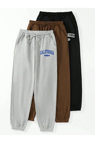 Mythologie Los Angeles California Printed Jogger Sweatpants - Black Brown Gray Elastic Leg High Waist