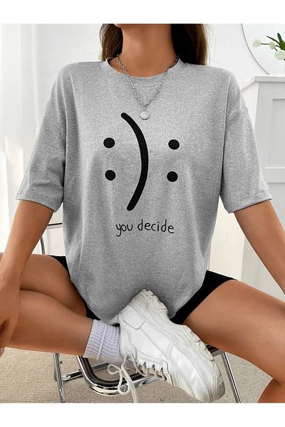 Mythologie Μπλουζάκι Decide Smile - Γκρι εμπριμέ κοντό μανίκι με λαιμόκοψη