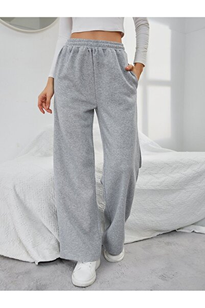 Mythologie Ispanyol Paça Basic Plain Sweatpants Jogger - Gray Women's Wide Leg High Waist