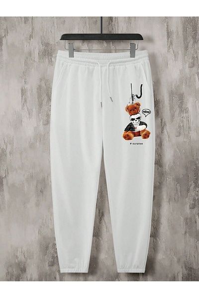 Mythologie Surpise Bear Sweatpants Jogger - Λευκό εμπριμέ λαστιχένιο πόδι ψηλόμεσο χειμώνα