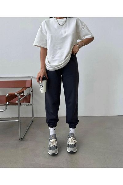 Mythologie Basic Plain T-shirt Sweatpants Jogger - Λευκό Μαύρο Σετ Φούτερ Oversize Crew Neck