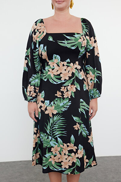 Trendyol Curve Černé květinové midi šaty velké velikosti - dlouhý rukáv TBBAW25AH00027