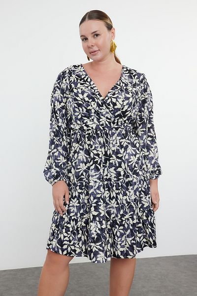 Trendyol Curve Black Ecru Floral Print A-Line Mini Knitted Dress Plus Size Dress Tbbaw23Ah00003