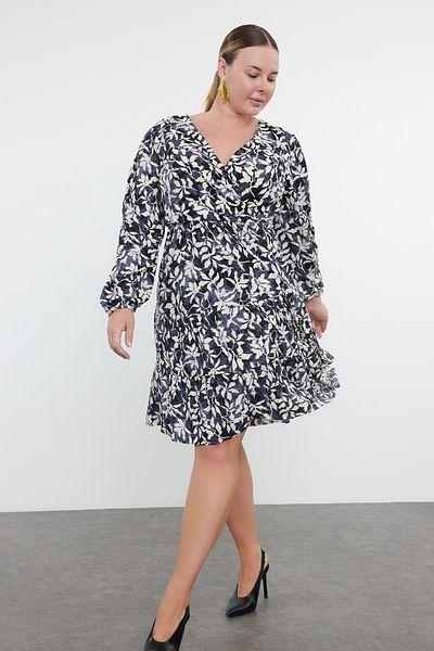 Trendyol Curve Black Ecru Floral Print A-Line Mini Knitted Dress Plus Size Dress Tbbaw23Ah00003