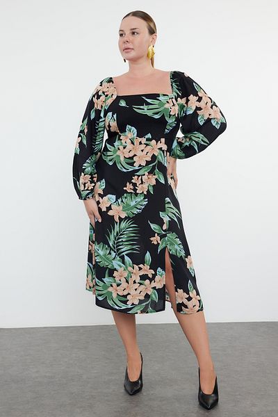 Trendyol Curve Plus Size Black Floral Midi Dress - Long Sleeve TBBAW25AH00027