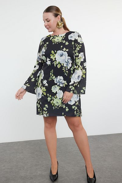 Trendyol Curve Black Boat Neck Floral Print Satin Dress