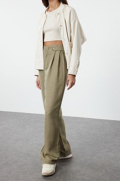 Edit by Trendyol Khaki Waist Detailed Wide Leg/Wide Leg Woven Kalhoty Tedaw25Pl00000