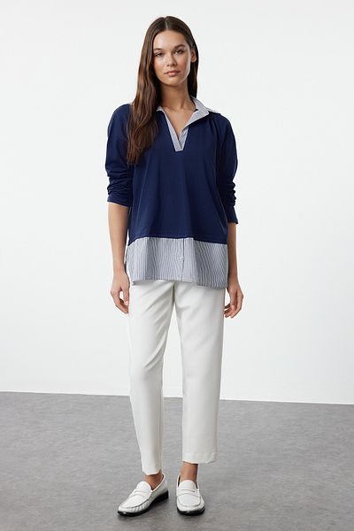 Trendyol Collection Navy Blue Striped Comfortable Polo Blouse with Poplin Detail - TWOAW25BZ00032