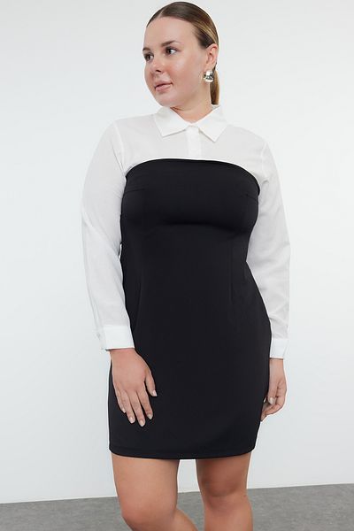 Trendyol Curve Black-White Bodycone Strapless Finike Mini Shirt Dress