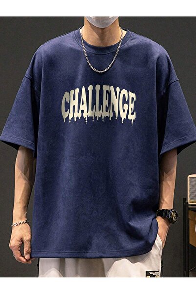 MODARİCH Tricou cu model Challange oversize bleumarin - decolteu, maneca scurta