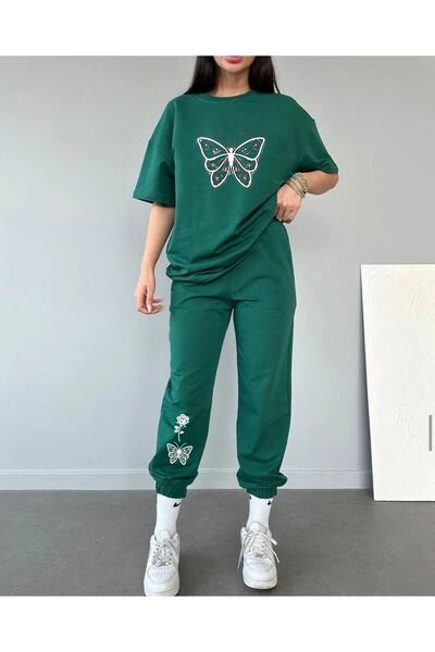 MODARİCH طقم بدلة رياضية Nefti Green Butterfly Rose Jogger - رقبة دائرية كبير...