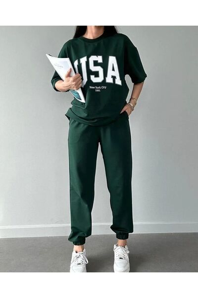 MODARİCH Σετ φόρμας τζόγκερ με μπλουζάκι Nefti Green Printed USA - Oversize C...