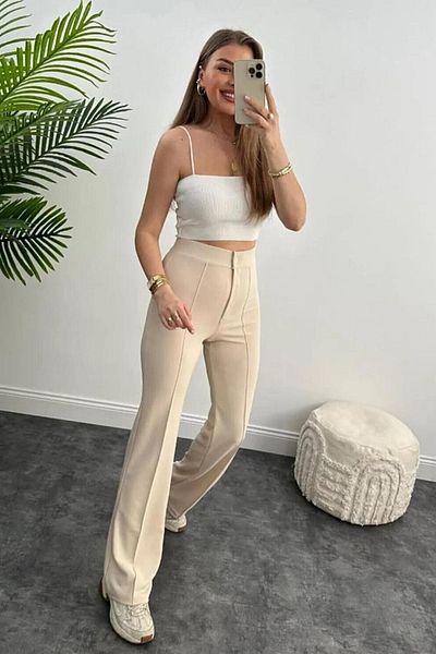 trendalisse High Waist Crepe Fabric Famous Lycra Palazzo Pants Stone Color