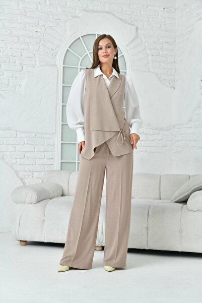 nodilife Salaş Yelekli Keten Takım Elbise Bej