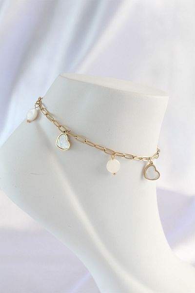 Moka Shopin Erb 316L Mokashopin - Gold Colored Marble Patterned Heart Anklet