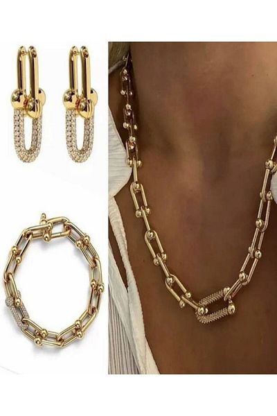 şira sirius Women's Zircon Stone Gold Color Tiff Co Necklace Bracelet Earrings Set