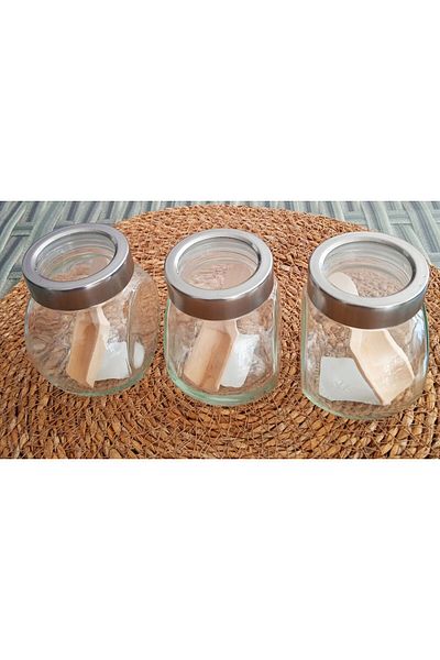 mother kitchen 3-Piece Glass Spice Metal Spoon Set with Lid - Jar Salt Shaker Decorative