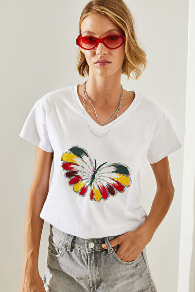 Bianco Lucci Πολύχρωμο Γυναικείο T-Shirt με λαιμόκοψη σε σχήμα πεταλούδας - 60251467