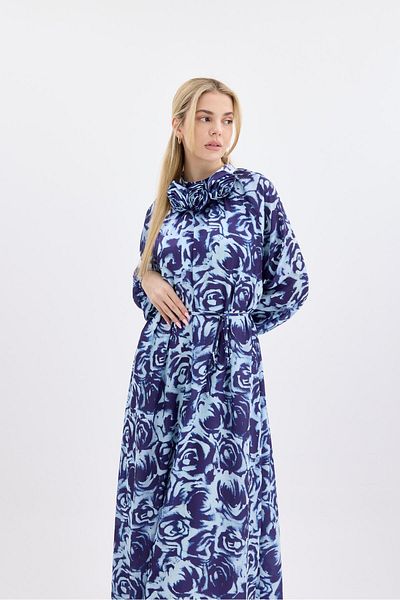 Ahel Tasarım Navy Blue Patterned Satin Rabella Dress with Accessories