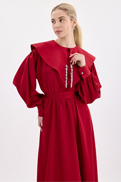Ahel Tasarım Burgundy Satin Dress - Vicko Collar Detail