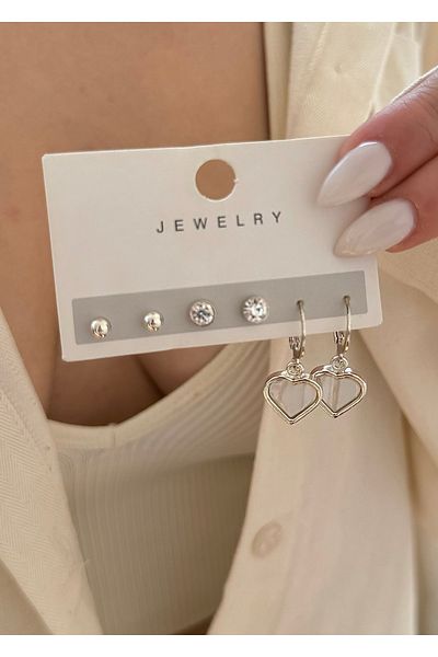takıtarzım Silver 3-Piece Pearl Heart Earring Set