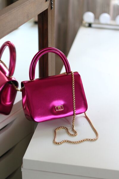 Moom Bag Geantă de umăr cu mâner din piele moale, lucioasă, fucsia