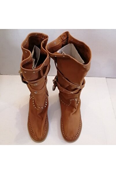 Karma Of Charme Kadın Hakiki Deri Taba El Dikişli Bohem Kızılderili Tarzı Çift Kemerli Gümüş Tokalı Yazlık Çizme