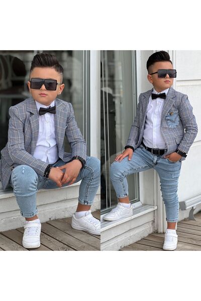 ugurbocegicocukdunyası Uğurböceğiçocuk Ekose Denim Detaylı 5'Parça Erkek Çocuk Takım