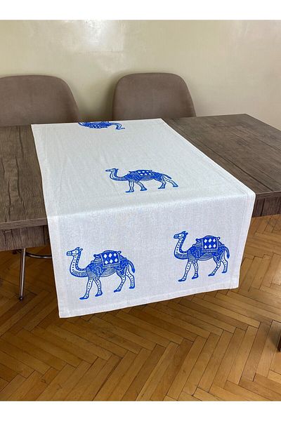 pamukidea Blue Camel Pattern Runner Plank Printed Stone Print Buldan Lucru manual Bumbac In Pânză Shemdan Ranır Develi