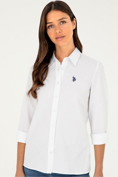 U.S. Polo Assn. Cămașă de bază albă cu mânecă lungă pentru femei