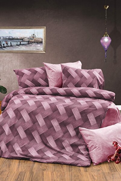 CANDAN ÇEYİZ 4 Piece Zigzag Plum Duvet Cover and Double Sheet Set