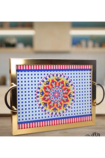 Miss Betty Gold Çerçeveli Kulplu Dekoratif Sunum Tepsisi Elegance