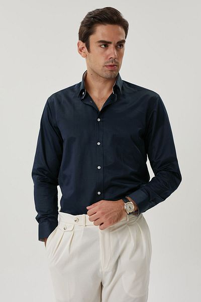Enzio Garino Cotton Regular Fit Navy Blue Shirt - Patterned and Hidden Collar